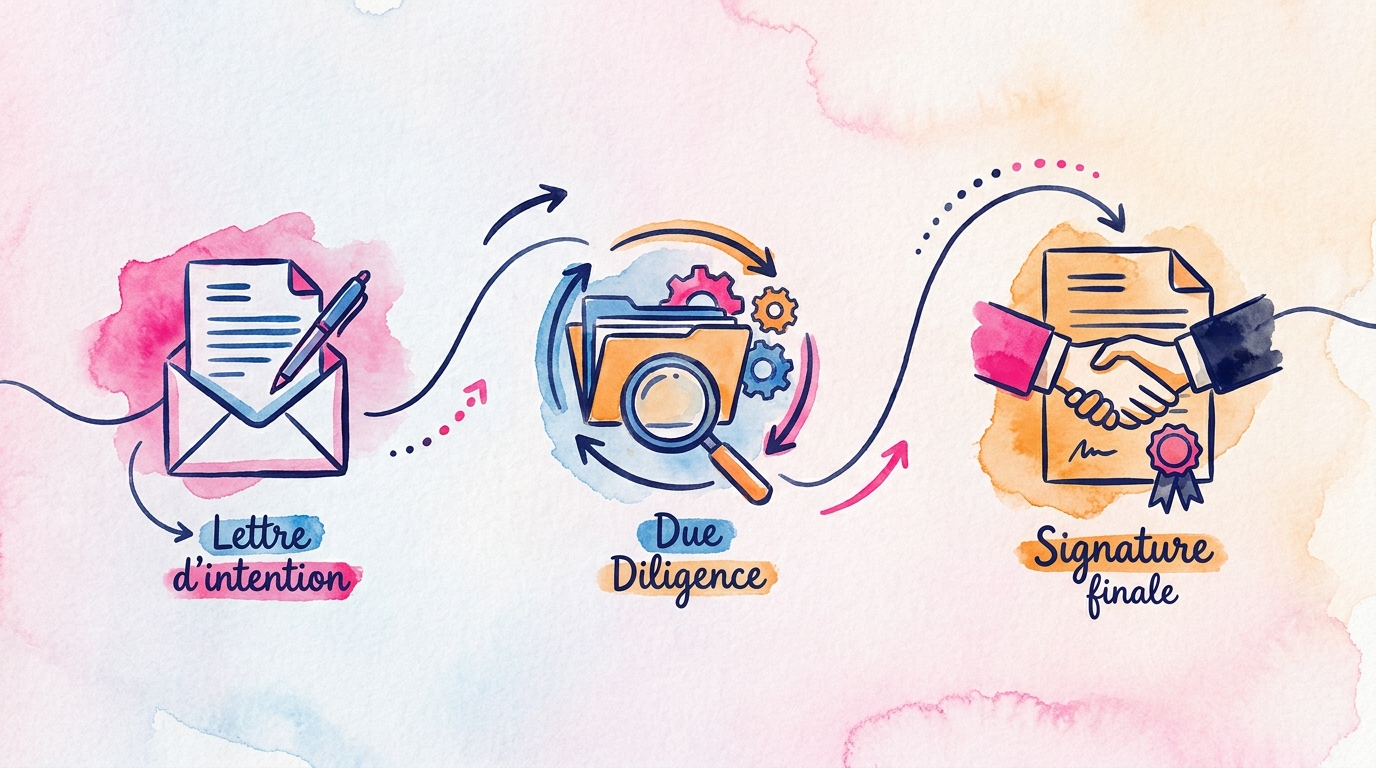 Timeline visuelle du processus de transmission d'une PME, de la lettre d'intention à la signature finale, avec la due diligence en phase centrale