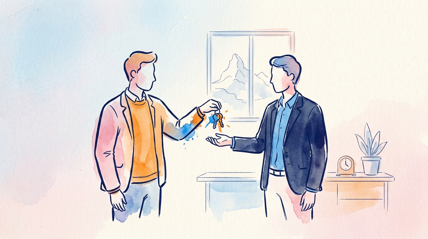 Illustration d'un dirigeant de PME remettant les clés de son commerce à un repreneur, dans un bureau professionnel suisse