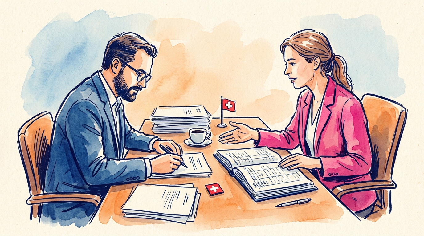 Swiss financial expert reviewing accounting documents with a business owner, professional office