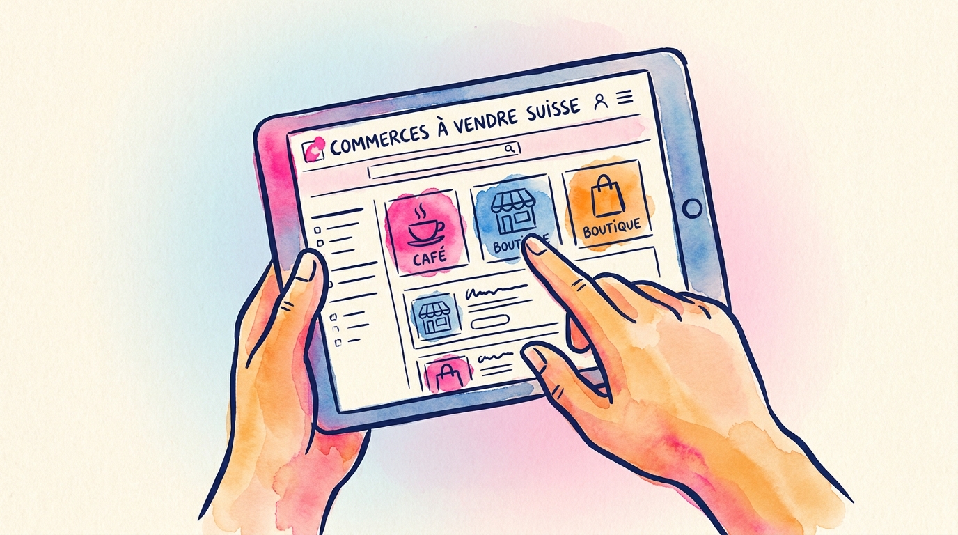 tablet displaying a platform of businesses for sale in Switzerland, hands of a potential buyer browsing listings