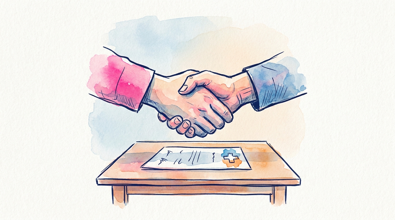 handshake between seller and buyer of a Swiss business, transfer document visible on the table, atmosphere of mutual trust