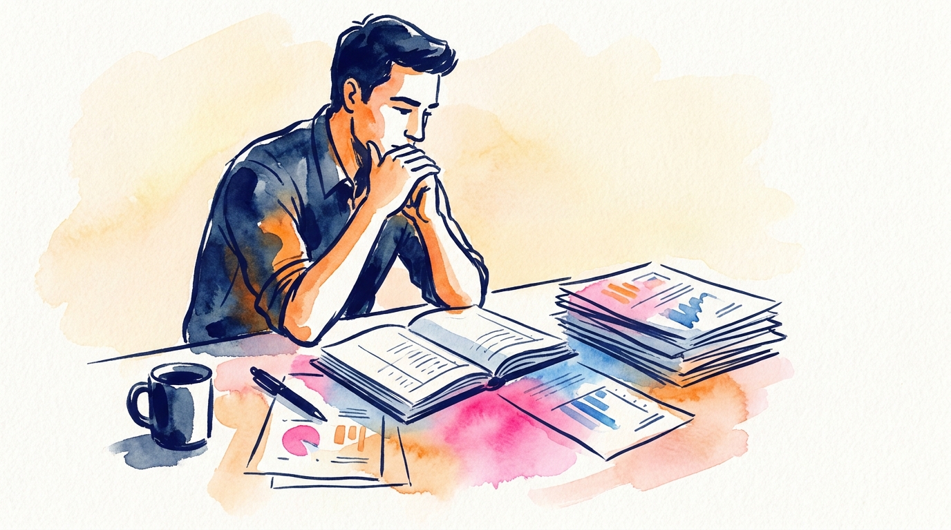 Entrepreneur reviewing financial documents and accounting balance sheets on a table