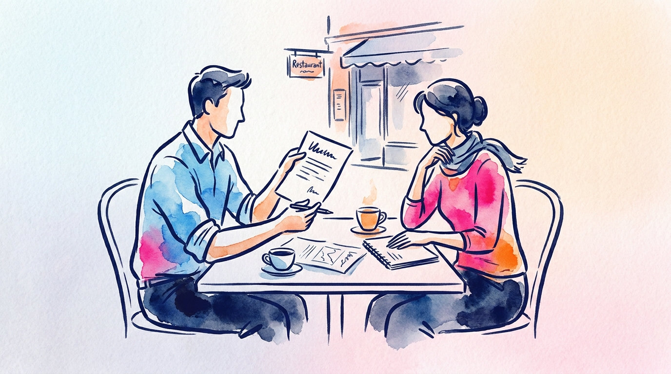 Entrepreneur and financial advisor discussing a business plan for a restaurant takeover