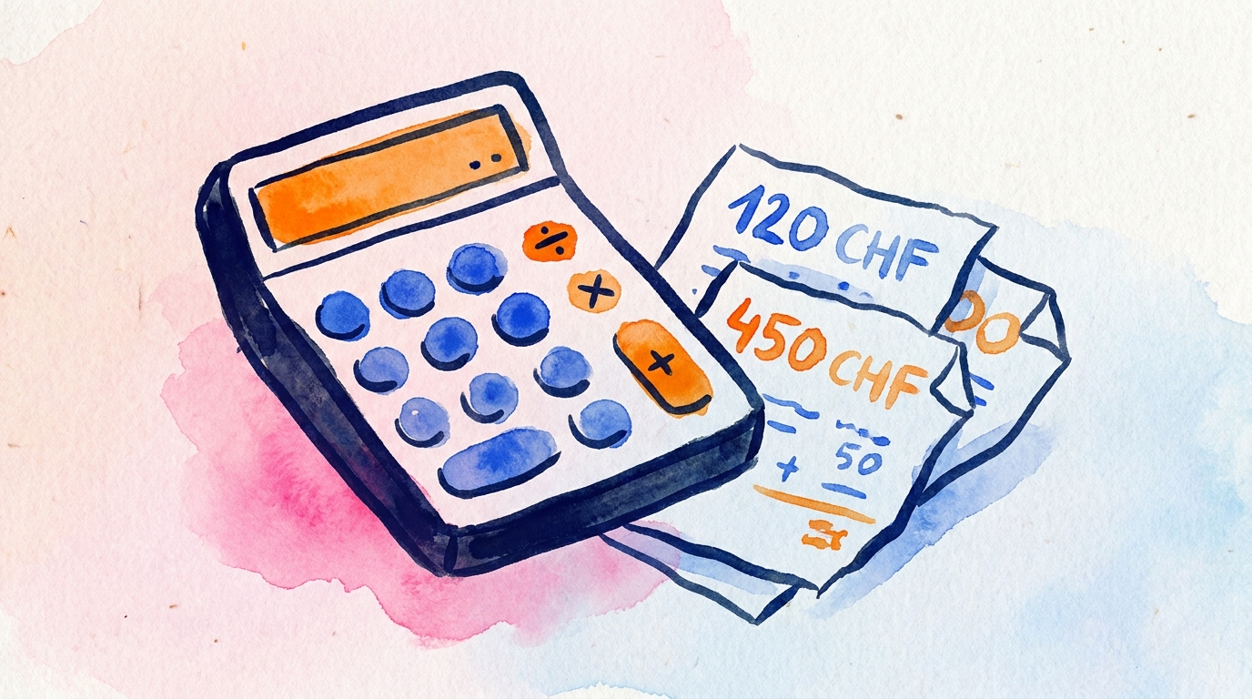 Calculator and financial documents with figures in Swiss francs