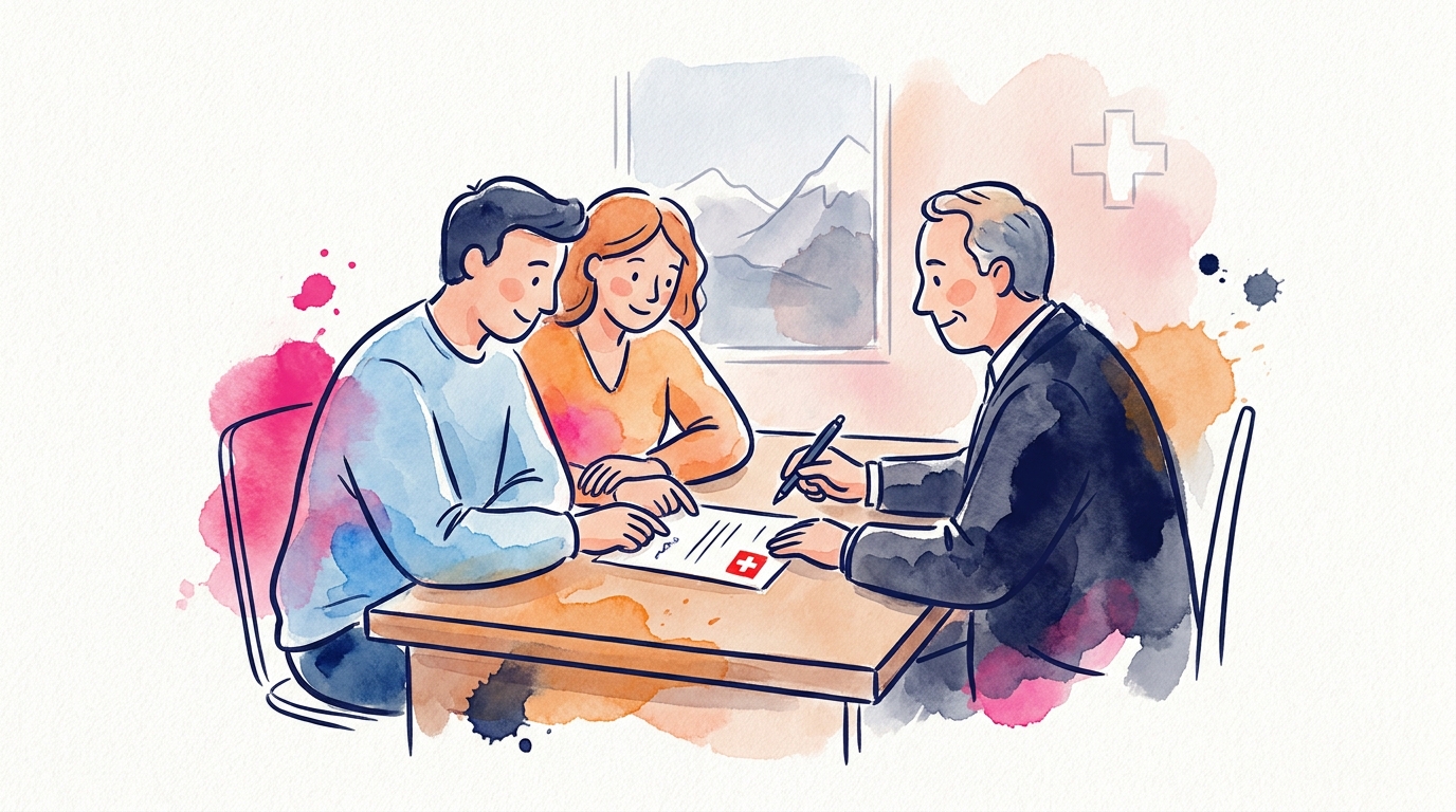 Two people signing a sale agreement before a notary in Switzerland