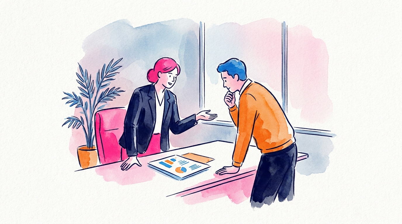 Bank advisor presenting a financing structure to a buyer, professional office setting