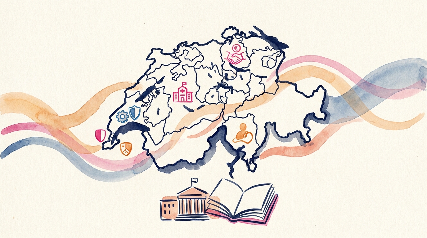 Map of Switzerland with symbols of cantonal economic support, institutional context