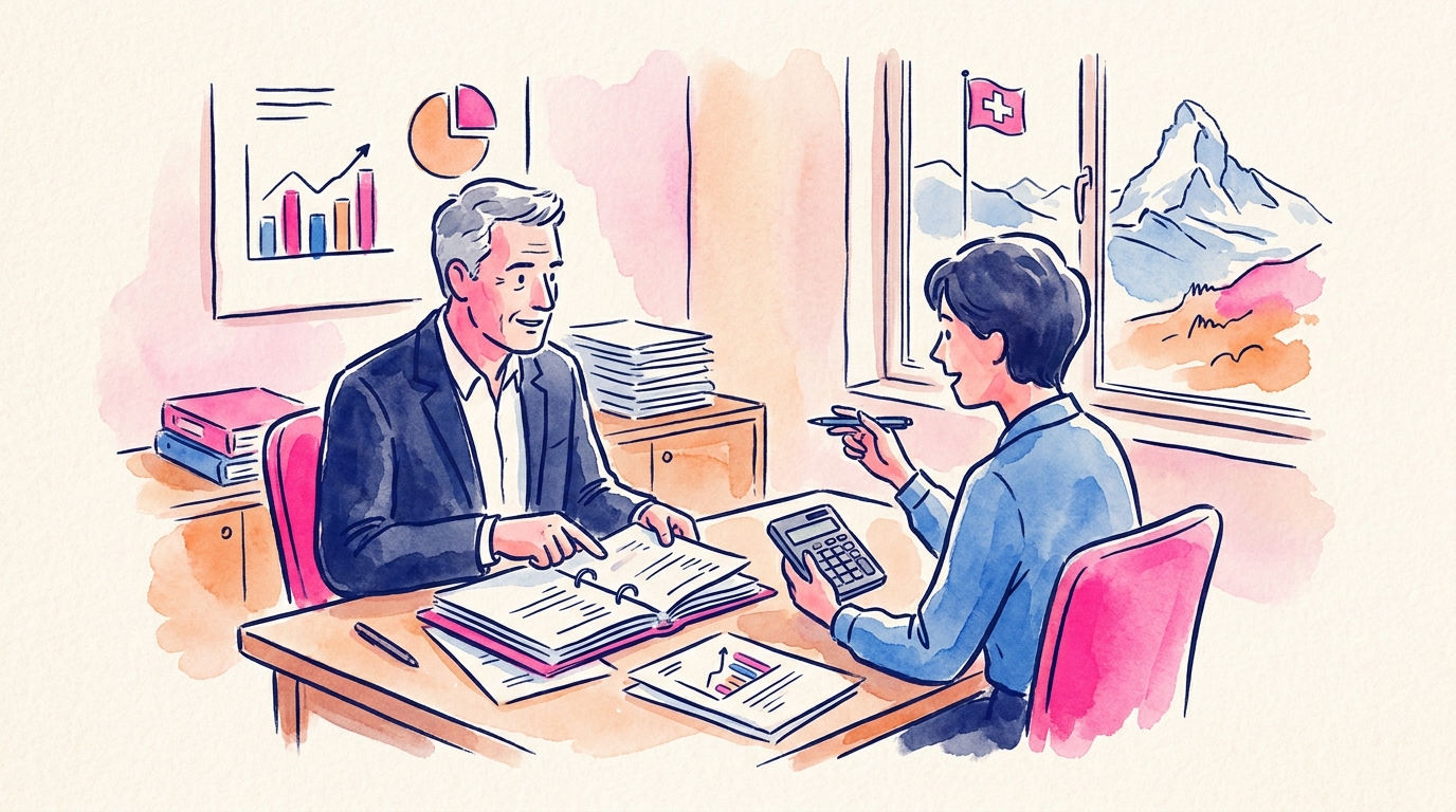 Business owner and financial advisor reviewing accounting documents in a Swiss office