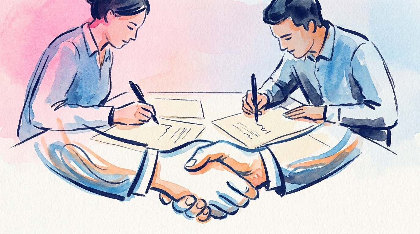 Two people signing a business transfer contract in a professional setting, view of documents and a handshake