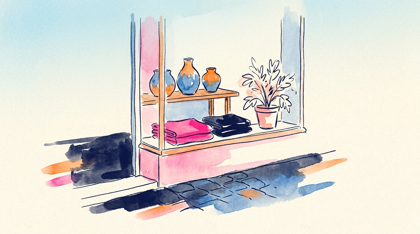 Intérieur d'une boutique spécialisée dans une rue piétonne romande, lumière naturelle, produits mis en valeur