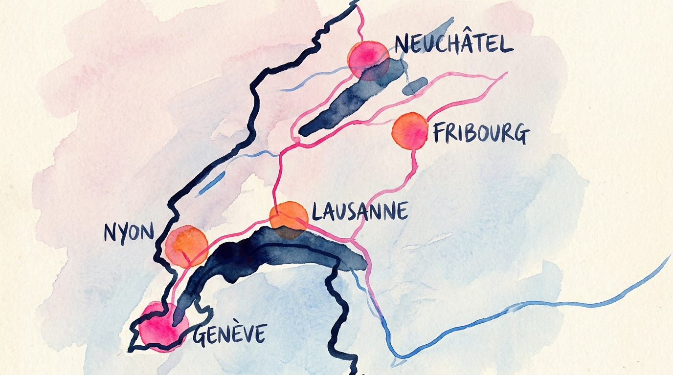 Carte de la Suisse romande avec les principaux pôles économiques mis en évidence (Lausanne, Genève, Nyon, Neuchâtel, Fribourg)