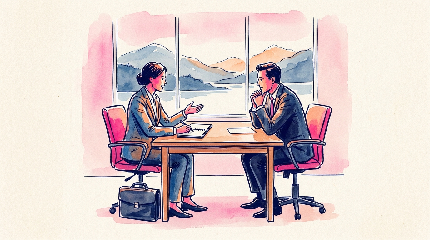 réunion professionnelle dans un bureau suisse entre un repreneur potentiel et un conseiller, ambiance confidentielle et sérieuse